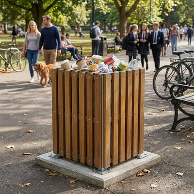 112 Litre Square Slatted Open Top Litter Bin, Iroko Wood