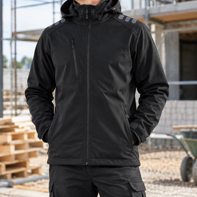 Stretch Softshell Jacket with Reflectors and Hood - Black/Black