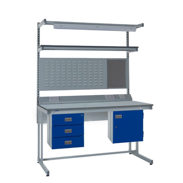 Light Slate Gray Express Cantilever Workbench Kit F -  Storage Cupboard, Triple Drawer Unit - 1180mm Rear Support Posts