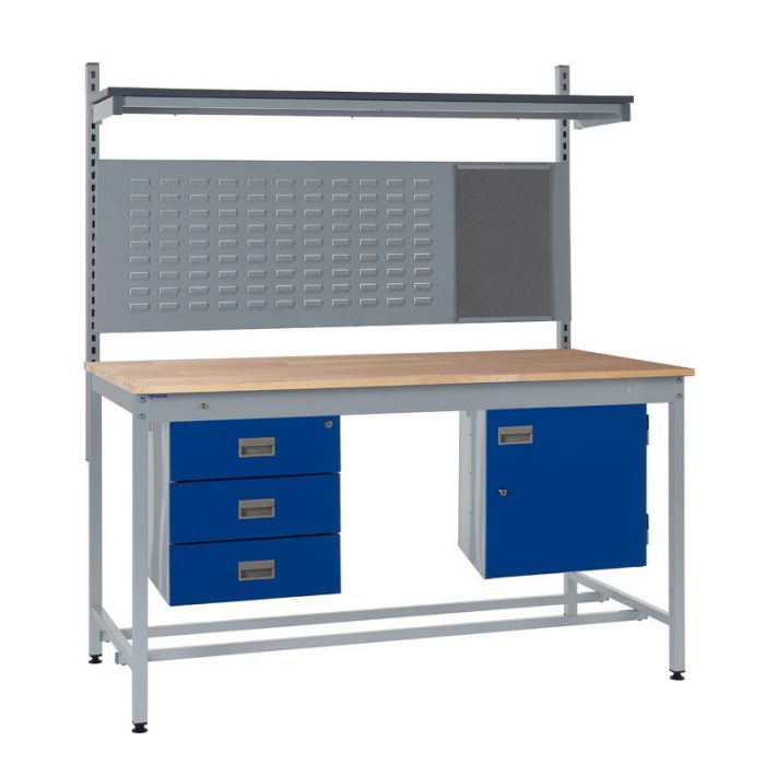 Light Slate Gray Express Square Tube Workbench Kit D - Storage Cupboard, Triple Drawer Unit - 760mm Rear Support Posts
