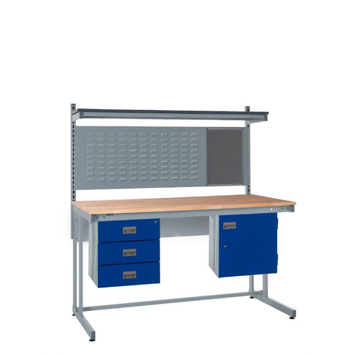 Light Slate Gray Express Cantilever Workbench Kit D - Storage Cupboard, Triple Drawer Unit - 760mm Rear Support Posts
