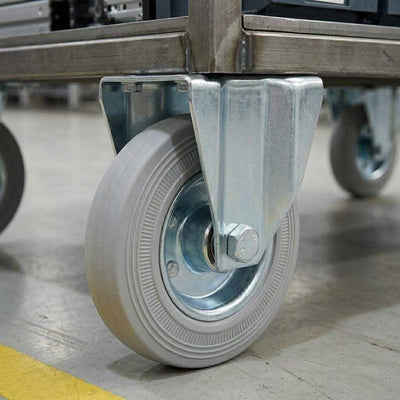 200mm Pressed Steel Fixed Castor Wheel - Grey Rubber on Pressed Steel - 180kg Load Capacity