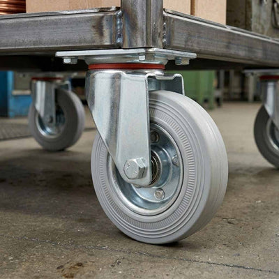 200mm Pressed Steel Swivel Castor Wheel - Grey Rubber - 4-Hole Top Plate - 180kg Load Capacity