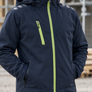 Dark Navy Blue/Hi-Vis Yellow Hooded Soft Shell Work Coat (view 2)