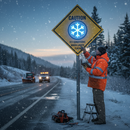 Dim Gray Premium Ice Warning Diamond Shaped Flashing LED Safety Sign