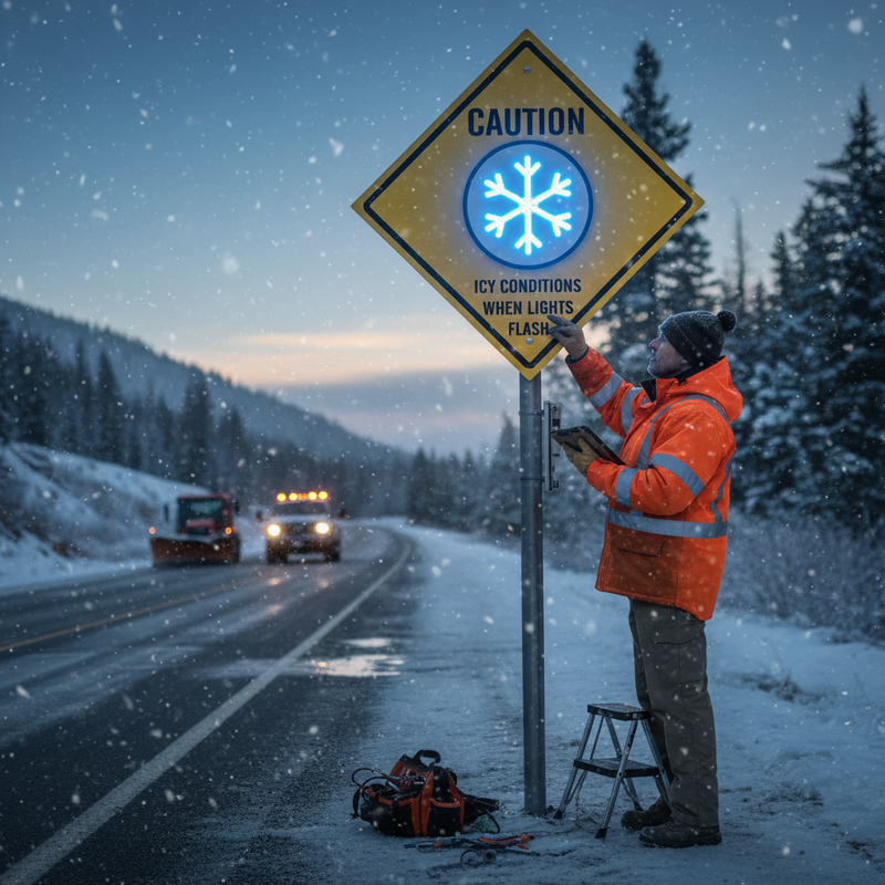 Dim Gray Premium Ice Warning Diamond Shaped Flashing LED Safety Sign
