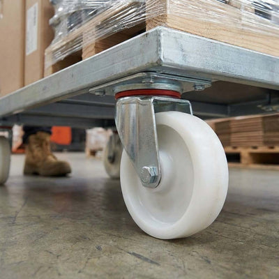 100mm Pressed Steel Swivel Castor Wheel with 4 Hole Top Plate & White Nylon Wheel - 140kg Load Capacity