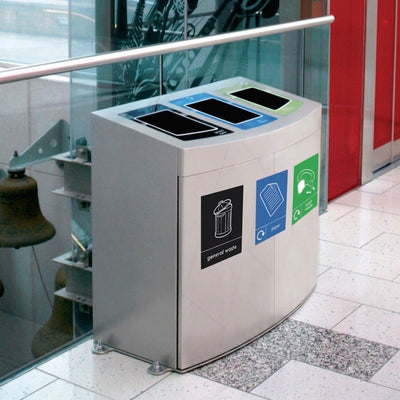Three-compartment recycling bin, 240 litre capacity, galvanised steel