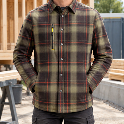 Insulated Cotton-Nylon Work Shirt, Pile Lined - Khaki Green/Black