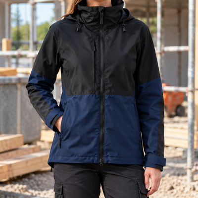 Women's Waterproof Work Jacket with Adjustable Hood - Navy/Black
