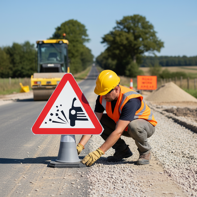 Loose Chippings on Road Ahead 750mm Triangle Cone Sign - Heavy Duty