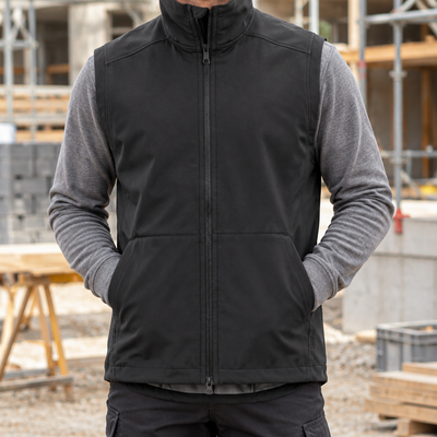 Windproof Soft Shell Work Vest with High Collar - Black