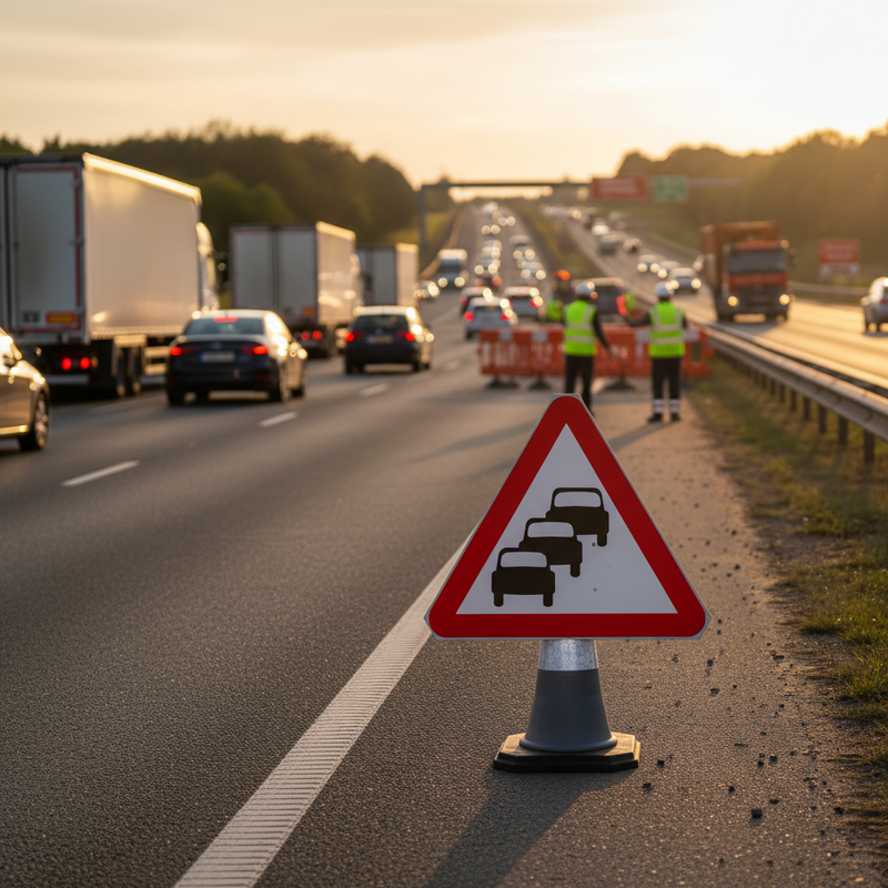Dim Gray Traffic Queues Likely Road Ahead 750mm Triangle Cone Sign - Heavy Duty