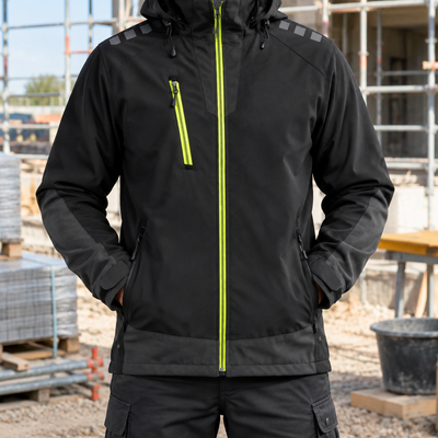 Black/Hi-Vis Yellow Hooded Soft Shell Work Coat