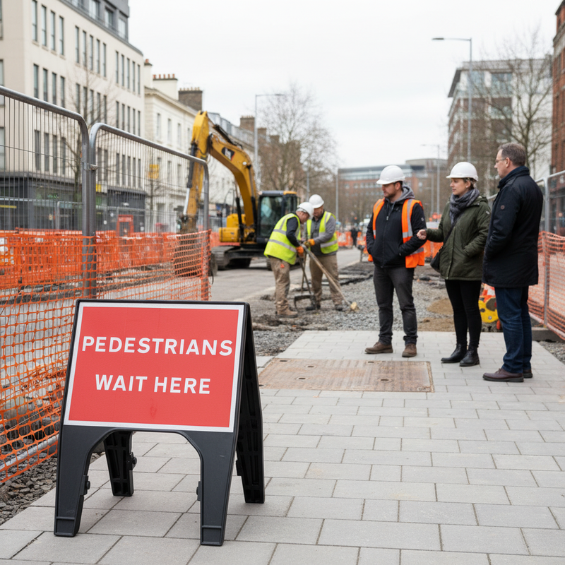 Light Gray Premium Pedestrians Wait Here Sign 600 x 450mm for Traffic Control