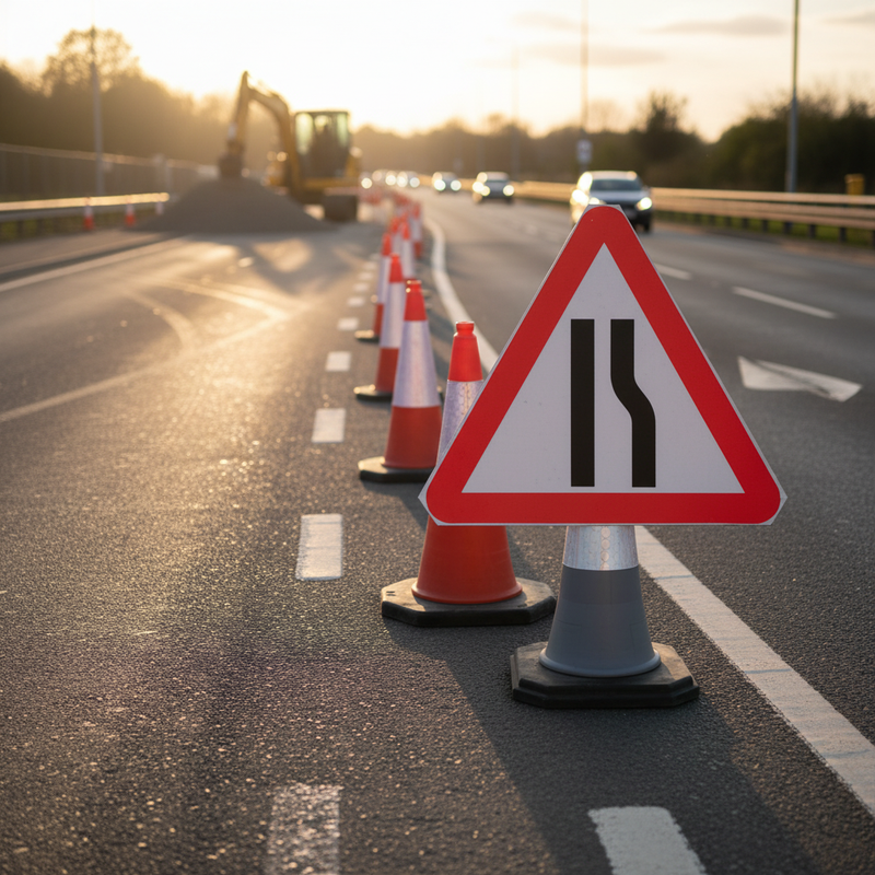 Dim Gray Premium Road Narrows Right Triangle Cone Sign - 750mm Height