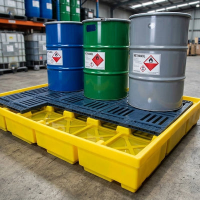 3-Drum Spill Pallet, 228 Litre Sump, 1785 × 780 × 240mm