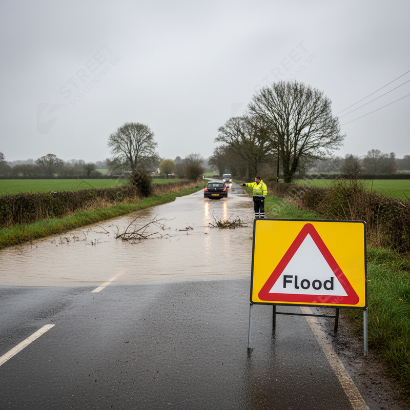 Gray Premium Flood Triangle Metal Sign - 750mm Size for High Visibility