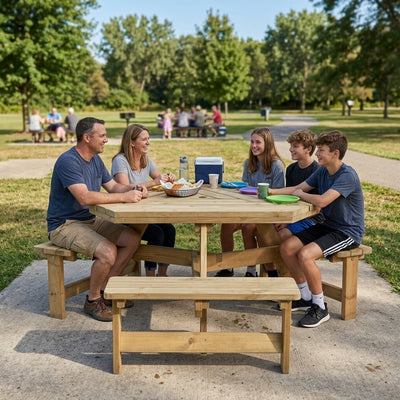 Triangular Pine Picnic Table, 60mm Top, 50mm Parasol Hole, 6–9 Seater