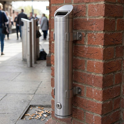 Brushed Aluminium Post-Mounted Cylindrical Cigarette Bin 480 × 80mm