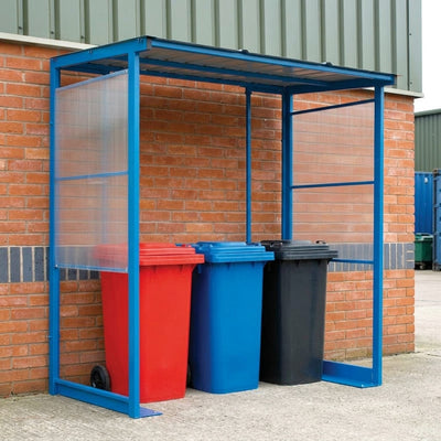 Three-bin wheeled bin shelter with galvanised roof