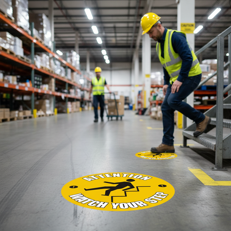 Slate Gray Premium Attention Watch Your Step Floor Sign - Slip Resistant Vinyl