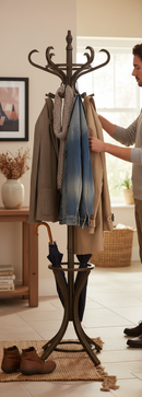 Gray Premium Wooden Coat Stand and Umbrella Holder with Rotating Top Tier in Walnut Effect for Stylish Storage
