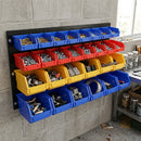 Wall mounted louvre panel storage bin system with 20 or 28 bins