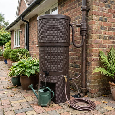 150 litre Rattan Effect Poly Water Butt Kit with Stand & Diverter