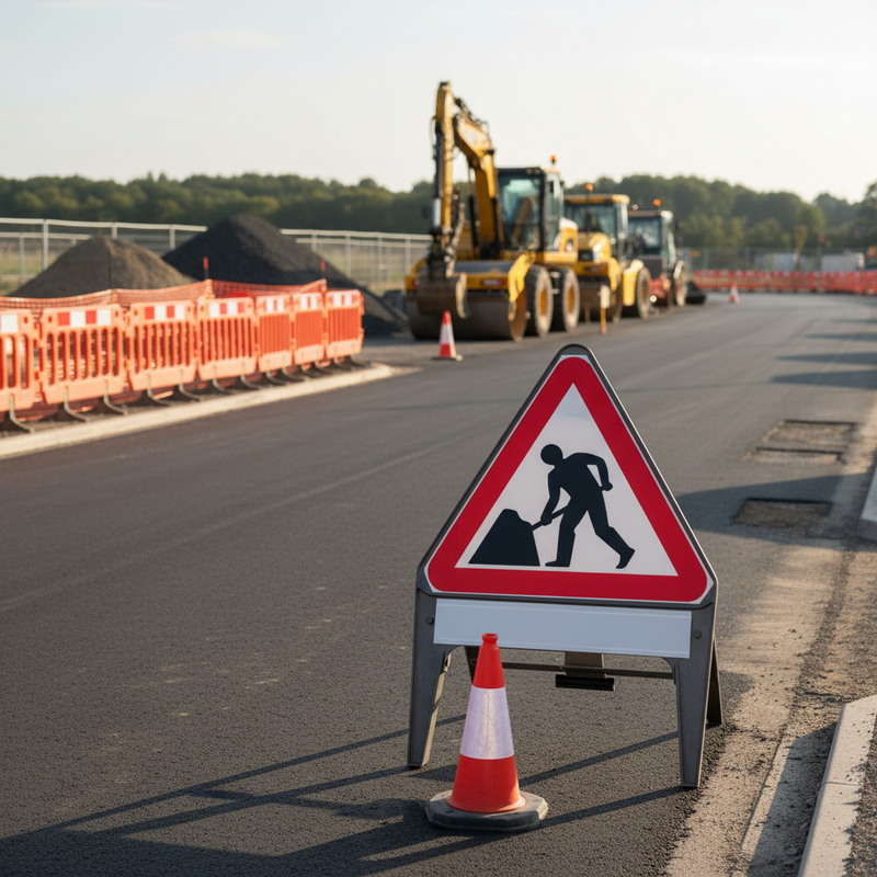 Dim Gray Premium Men At Work Sign with Supplementary Plate 750mm Q-Sign