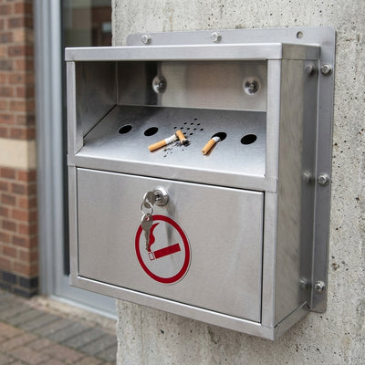 Wall-mounted stainless steel cigarette bin with weather hood