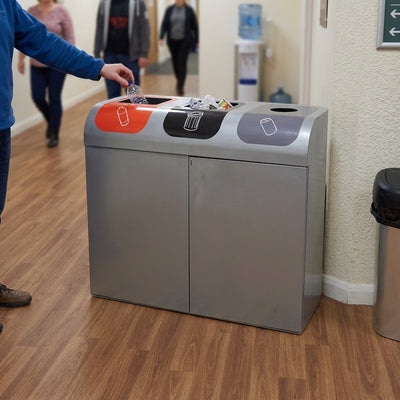 Triple-compartment recycling bin, 240 litre, galvanised steel