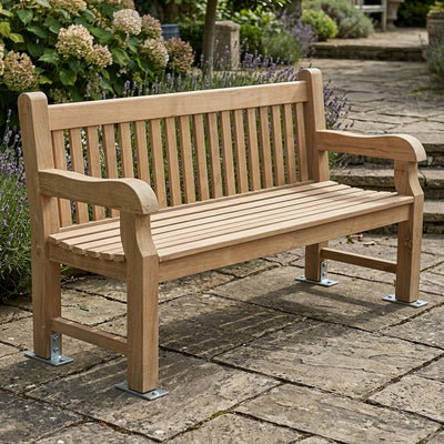 Timber bench with integral armrests, teak hardwood