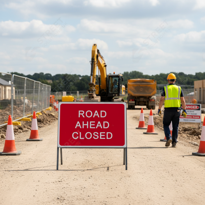 Light Gray Premium Road Ahead Closed Metal Sign - 1050mm x 750mm