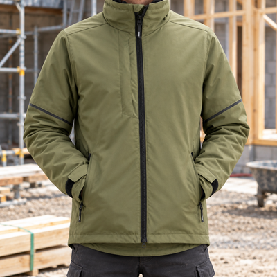 Windproof Fleece Lined Work Jacket with Padded Sleeves - Khaki Green
