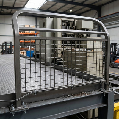 Mesh pedestrian safety railing with debris deflection panel