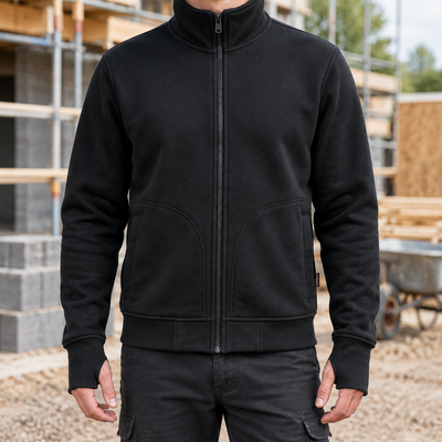 Heavyweight Cotton Blend Sweatshirt Jacket with High Collar - Black