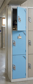 Three-door school locker with cam lock, 300–450mm depth