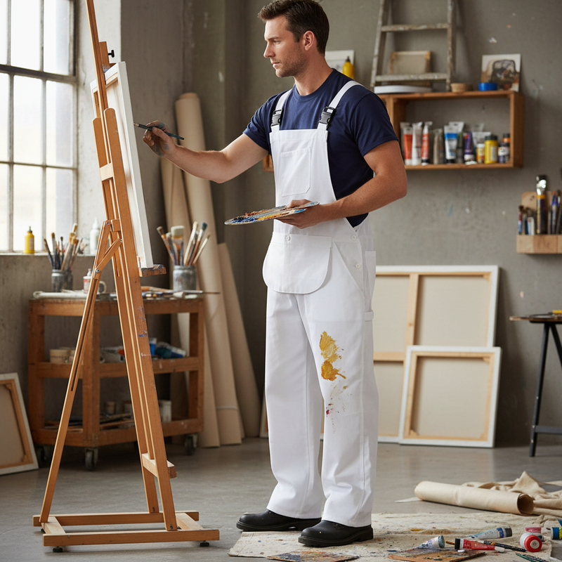 Dim Gray Premium Cotton Drill Bib and Brace with Multiple Pockets - White