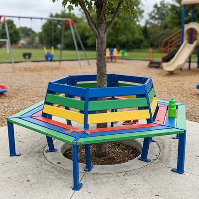 Octagonal wood and steel tree bench, blue, junior size
