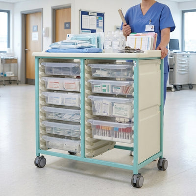 Steel Double Column Tray Trolley – 8 Small & 2 Deep Drawers, 75mm Castors