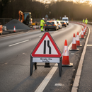 Dim Gray Premium Road Narrows Right Traffic Sign - Single File Provision 750mm