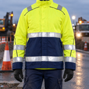 Hi-Vis Yellow/Navy Blue Industrial Safety Coat with Reflective Bands