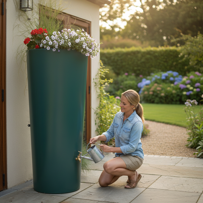 Dark Olive Green 380 Litre Premium Water Butt Planter with Tap and Diverter