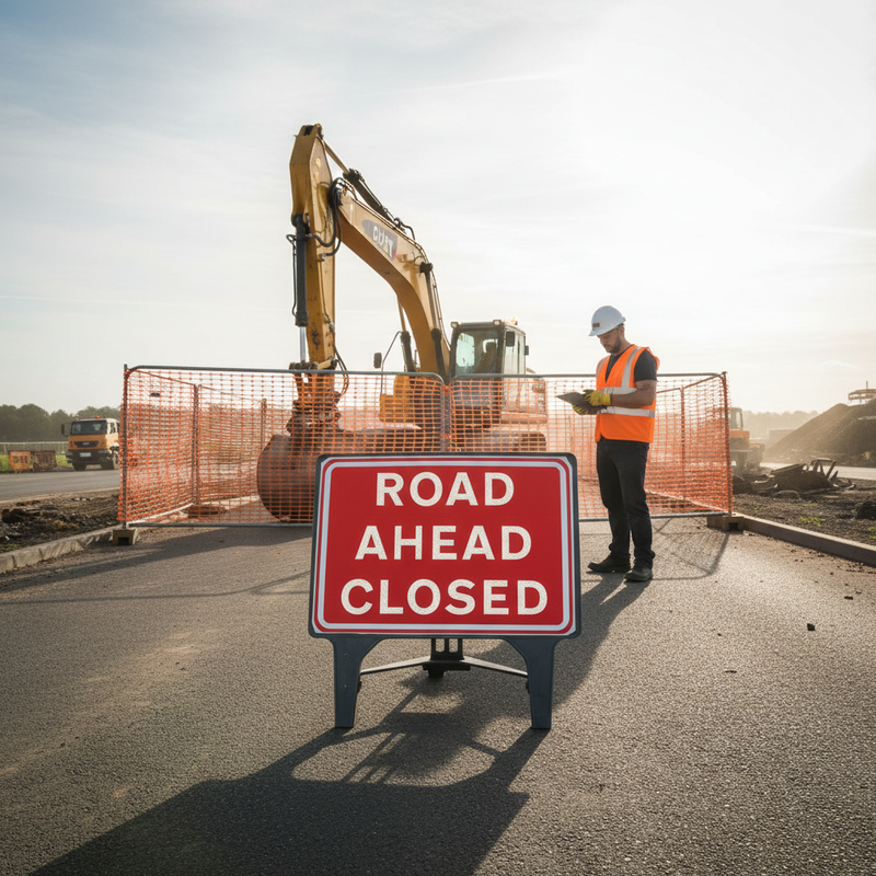 Light Gray Heavy Duty Road Ahead Closed Sign - 1050x750mm with Robust Design