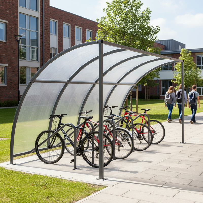 Light Gray Premium Cycle Shelter with Clear PETG Roof & Integrated Bike Stands - Extension Bays