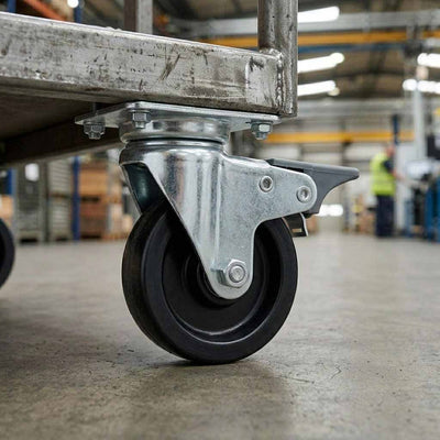 50mm Pressed Steel Swivel Castor Wheel with Brake - Black Polypropylene & 4-Hole Top Plate - 65kg Load