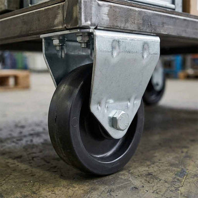 50mm Pressed Steel Small Fixed Castor Wheel - Black Polypropylene Wheel & 4-Bolt-Hole - 65kg Max Load