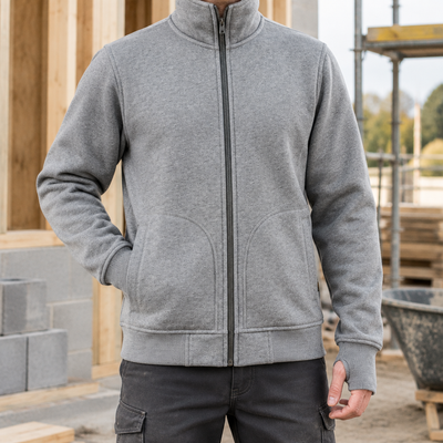 Heavyweight Cotton Blend Sweatshirt Jacket with High Collar - Grey