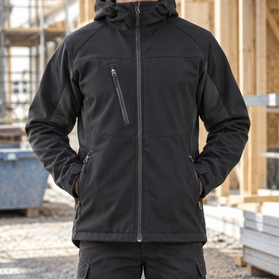 Black/Dark Grey Hooded Soft Shell Work Coat